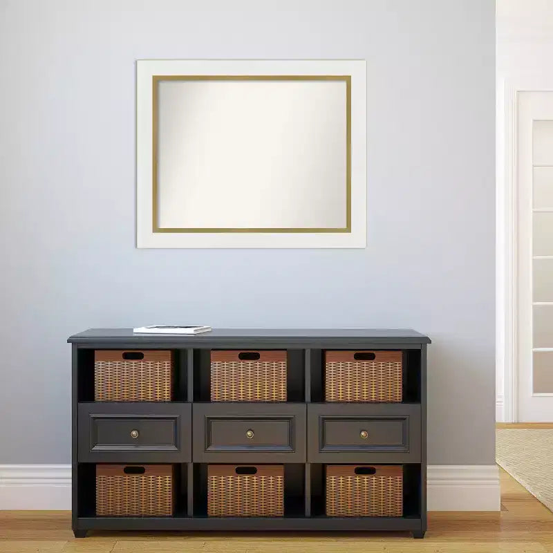 33.25" x 27.25" Non-Beveled Bathroom Wall Mirror with White and Gold Frame