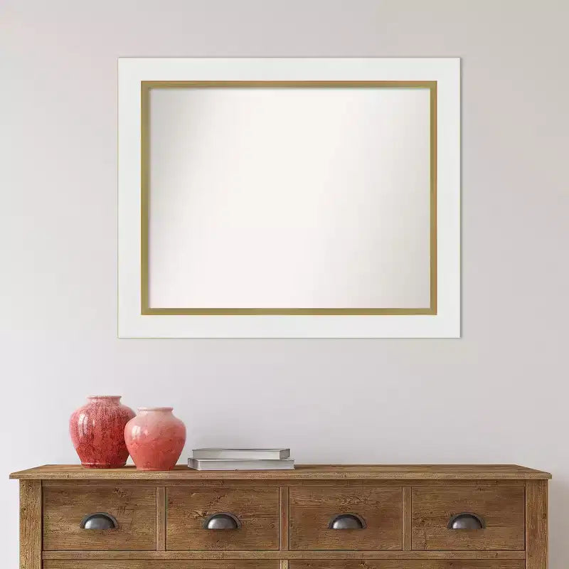 33.25" x 27.25" Non-Beveled Bathroom Wall Mirror with White and Gold Frame
