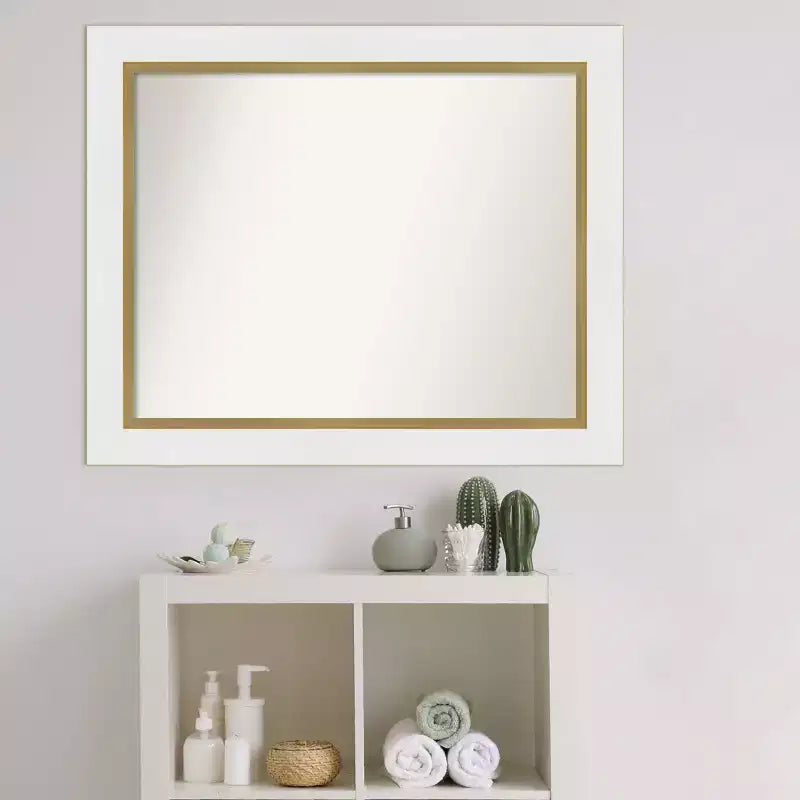 33.25" x 27.25" Non-Beveled Bathroom Wall Mirror with White and Gold Frame