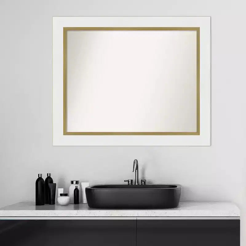 33.25" x 27.25" Non-Beveled Bathroom Wall Mirror with White and Gold Frame