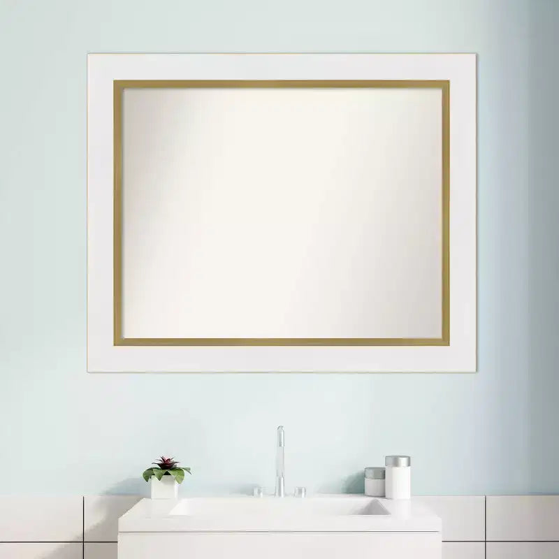 33.25" x 27.25" Non-Beveled Bathroom Wall Mirror with White and Gold Frame