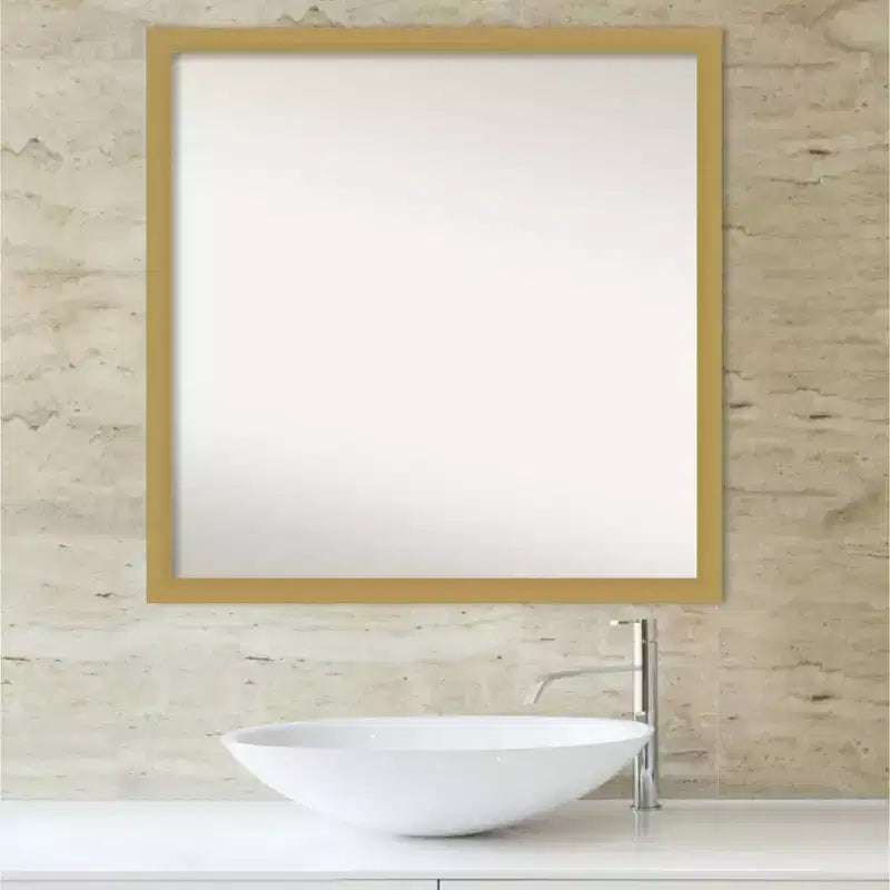 28" x 28" Non-Beveled Square Bathroom Wall Mirror with Brushed Gold Frame