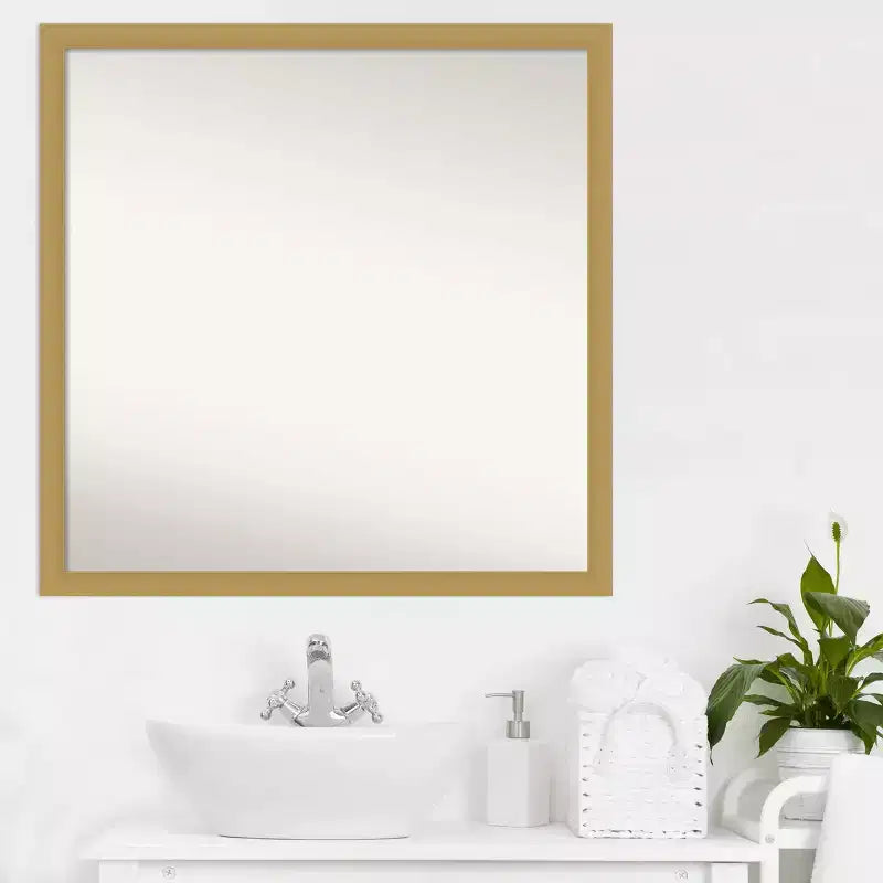28" x 28" Non-Beveled Square Bathroom Wall Mirror with Brushed Gold Frame