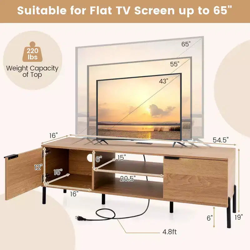 2-Door TV Stand with Charging Station for TVs up to 65 Inches