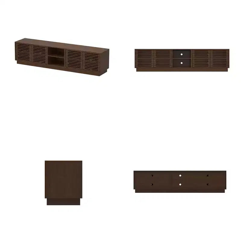 Rustic Brown Slatted-Door TV Stand with Storage Cabinets and Open Shelves