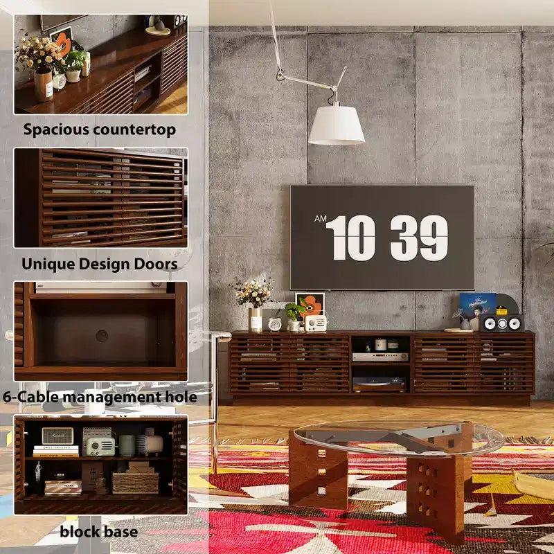 Rustic Brown Slatted-Door TV Stand with Storage Cabinets and Open Shelves