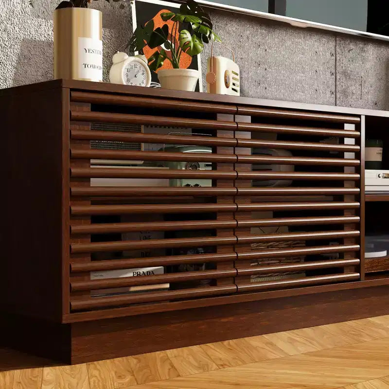 Rustic Brown Slatted-Door TV Stand with Storage Cabinets and Open Shelves