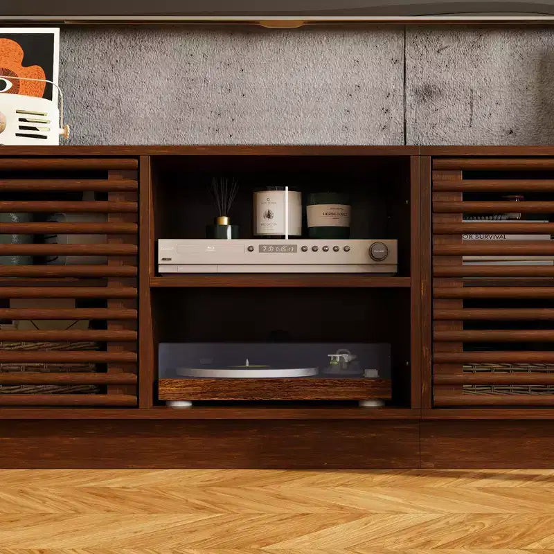 Rustic Brown Slatted-Door TV Stand with Storage Cabinets and Open Shelves