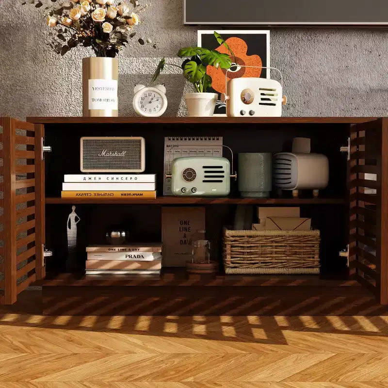 Rustic Brown Slatted-Door TV Stand with Storage Cabinets and Open Shelves