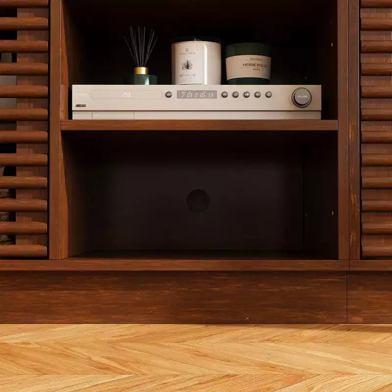 Rustic Brown Slatted-Door TV Stand with Storage Cabinets and Open Shelves