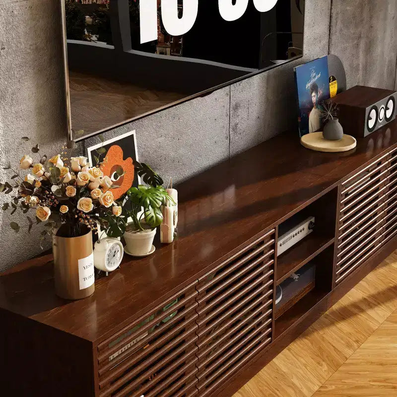 Rustic Brown Slatted-Door TV Stand with Storage Cabinets and Open Shelves