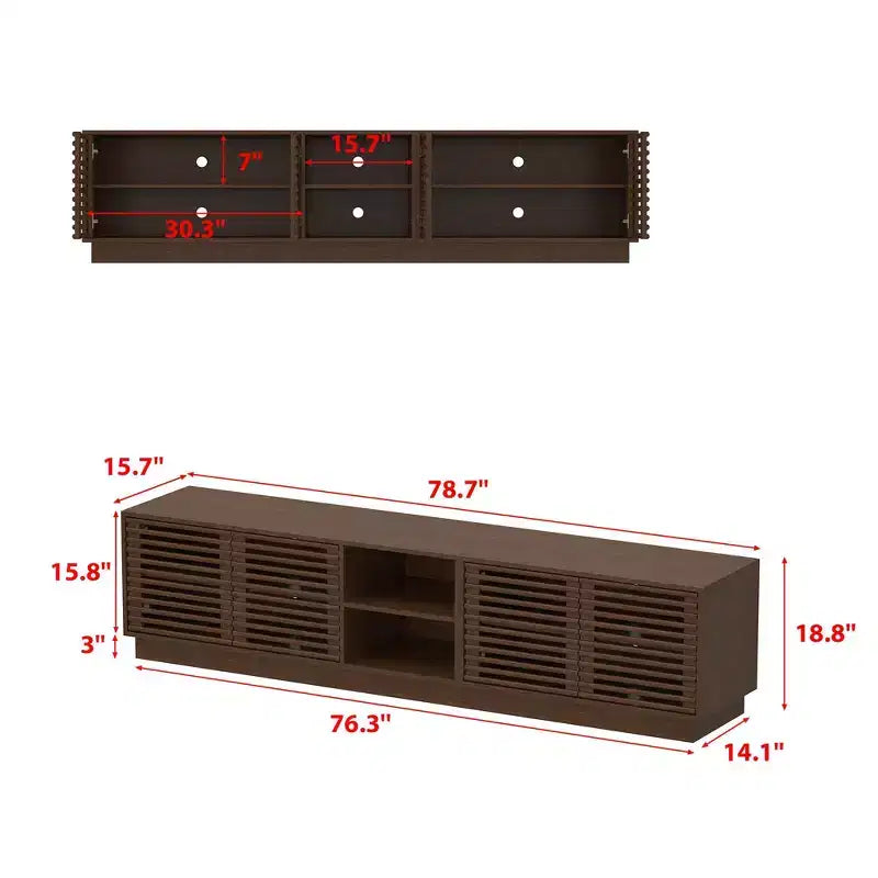 Rustic Brown Slatted-Door TV Stand with Storage Cabinets and Open Shelves