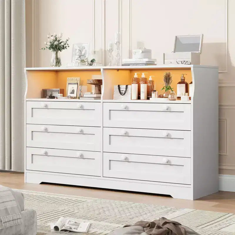 55-Inch 6-Drawer Dresser with LED Light Strip and Power Outlet