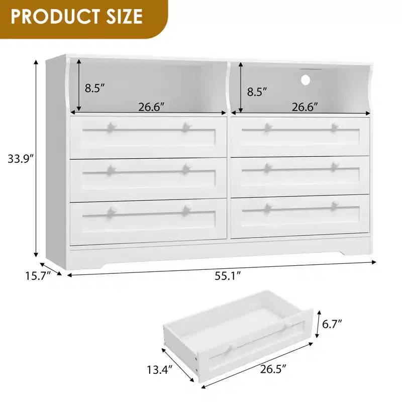 55-Inch 6-Drawer Dresser with LED Light Strip and Power Outlet
