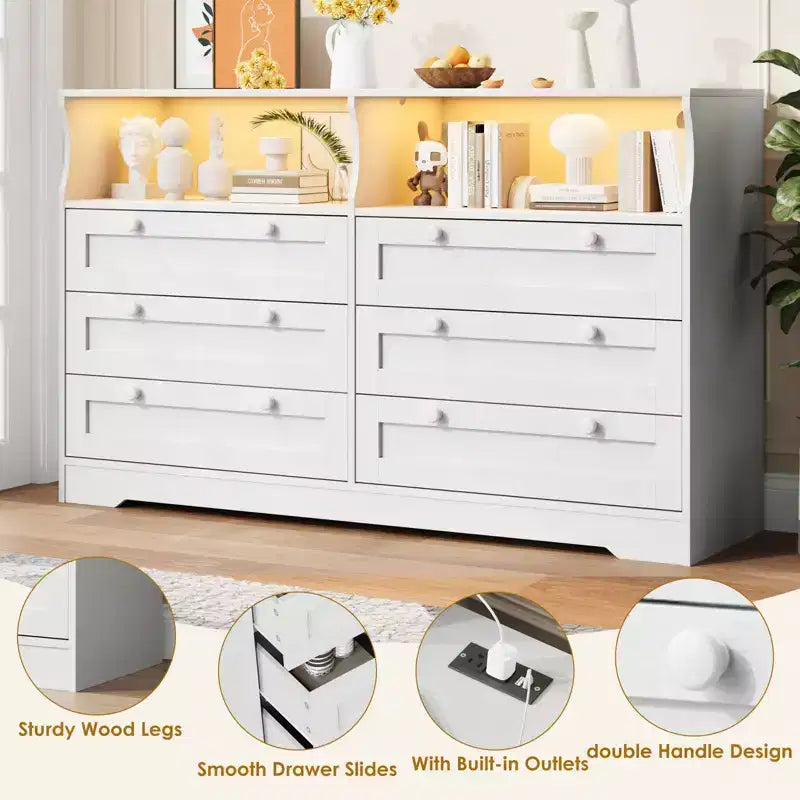 55-Inch 6-Drawer Dresser with LED Light Strip and Power Outlet