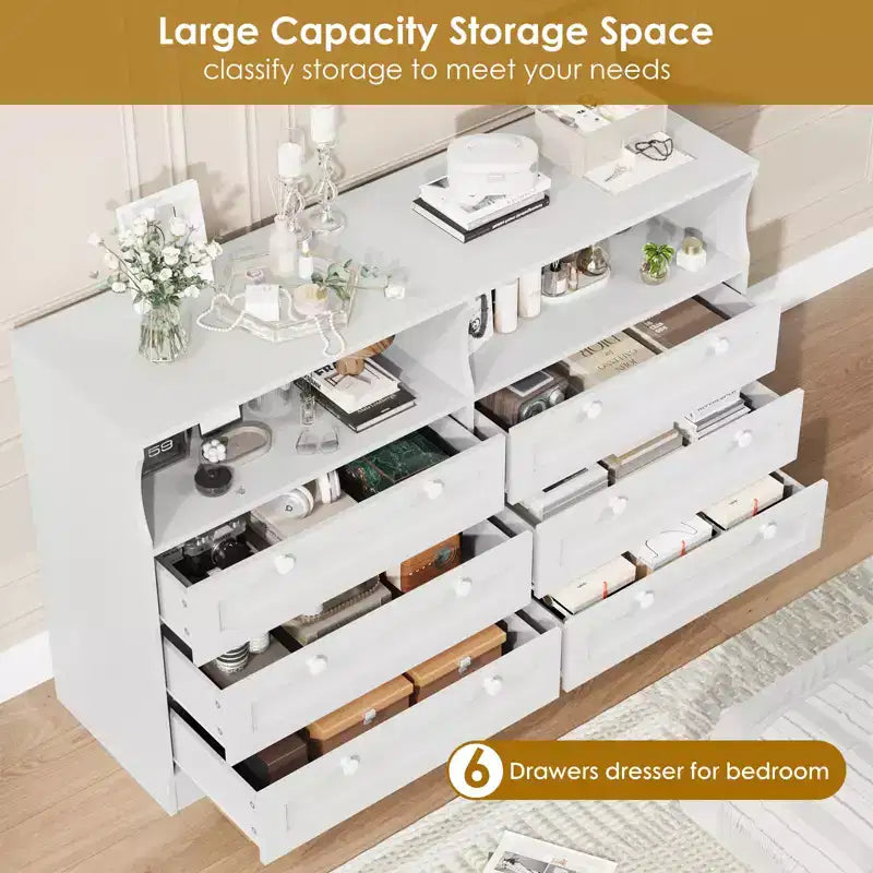 55-Inch 6-Drawer Dresser with LED Light Strip and Power Outlet