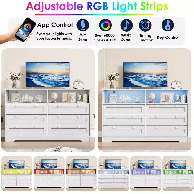 55-Inch 6-Drawer Dresser with LED Light Strip and Power Outlet