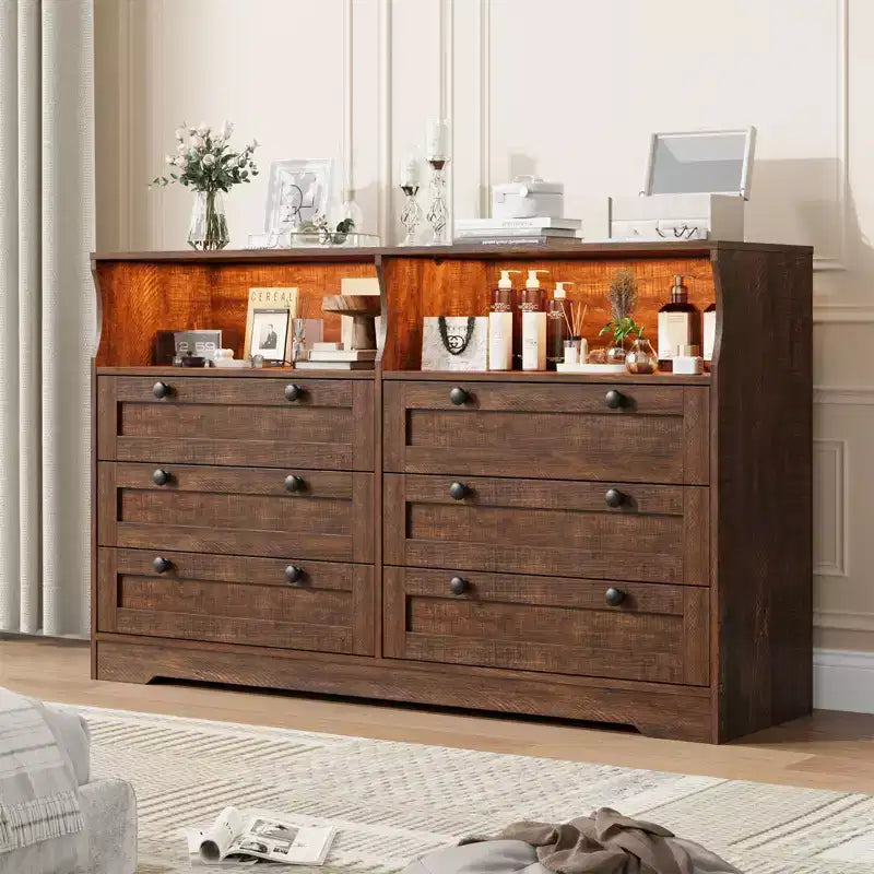 55-Inch 6-Drawer Dresser with LED Light Strip and Power Outlet
