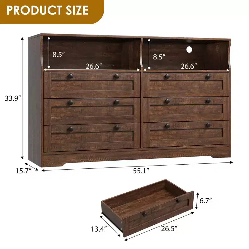 55-Inch 6-Drawer Dresser with LED Light Strip and Power Outlet