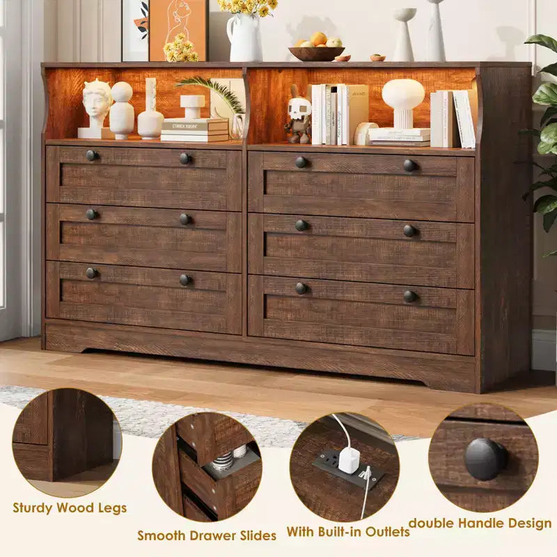 55-Inch 6-Drawer Dresser with LED Light Strip and Power Outlet