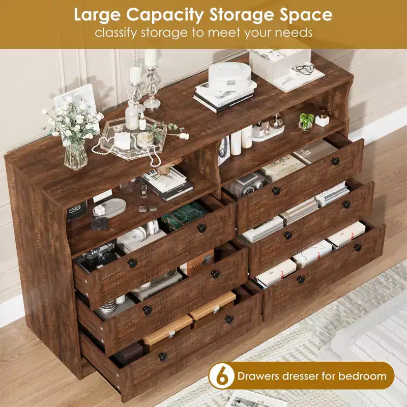 55-Inch 6-Drawer Dresser with LED Light Strip and Power Outlet