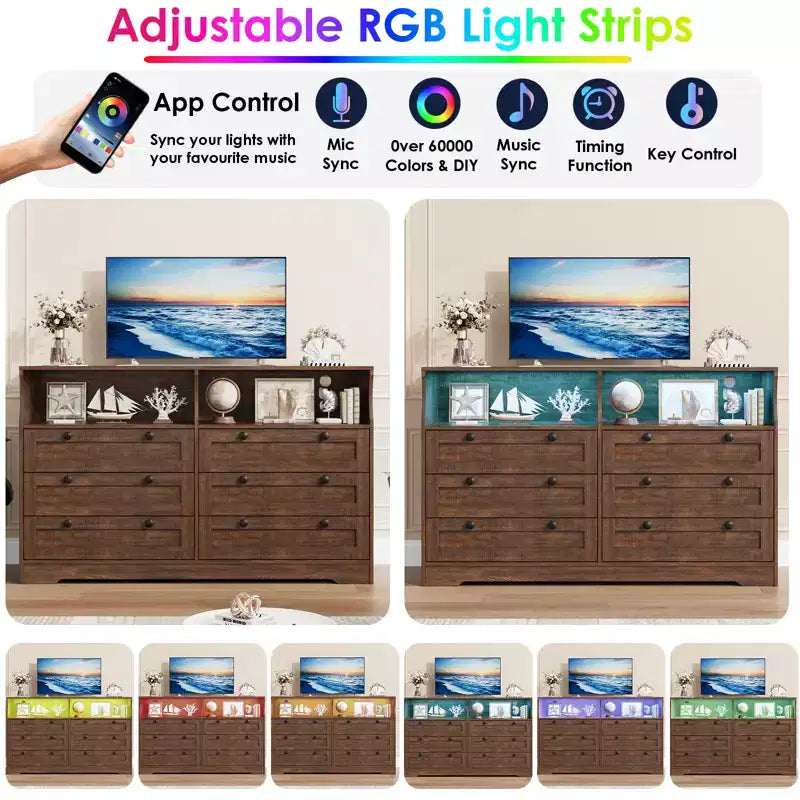 55-Inch 6-Drawer Dresser with LED Light Strip and Power Outlet