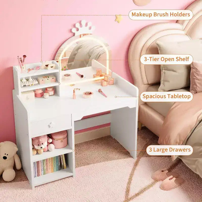 Kids Vanity Set with LED Lighted Mirror, 2-in-1 Princess Vanity Table and Chair with Bookshelf, Storage Cabinet & Shelves for Girls