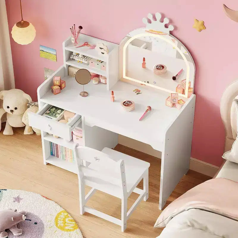 Kids Vanity Set with LED Lighted Mirror, 2-in-1 Princess Vanity Table and Chair with Bookshelf, Storage Cabinet & Shelves for Girls