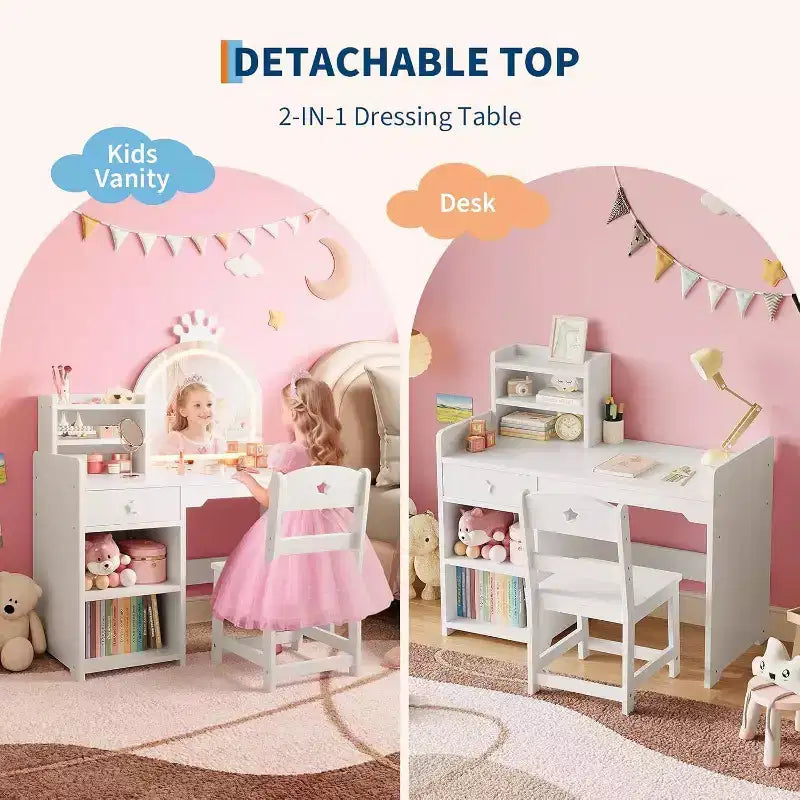 Kids Vanity Set with LED Lighted Mirror, 2-in-1 Princess Vanity Table and Chair with Bookshelf, Storage Cabinet & Shelves for Girls