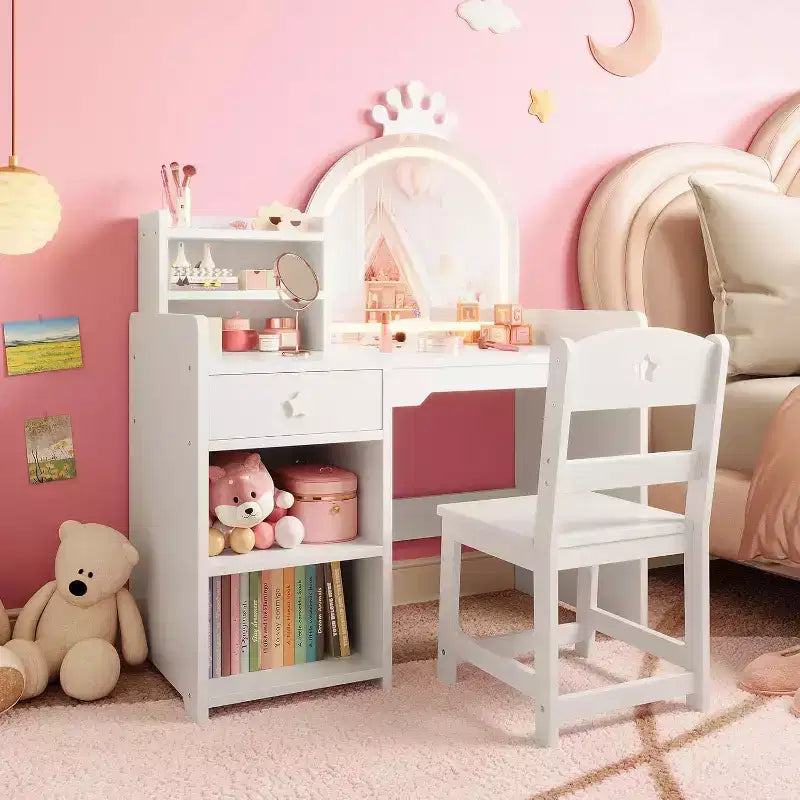 Kids Vanity Set with LED Lighted Mirror, 2-in-1 Princess Vanity Table and Chair with Bookshelf, Storage Cabinet & Shelves for Girls