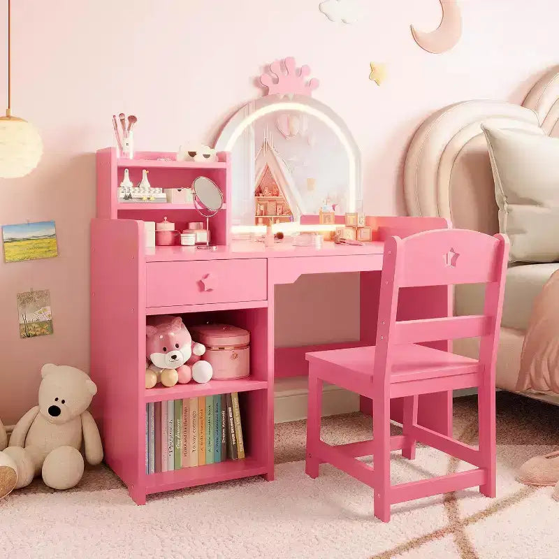 Kids Vanity Set with LED Lighted Mirror, 2-in-1 Princess Vanity Table and Chair with Bookshelf, Storage Cabinet & Shelves for Girls