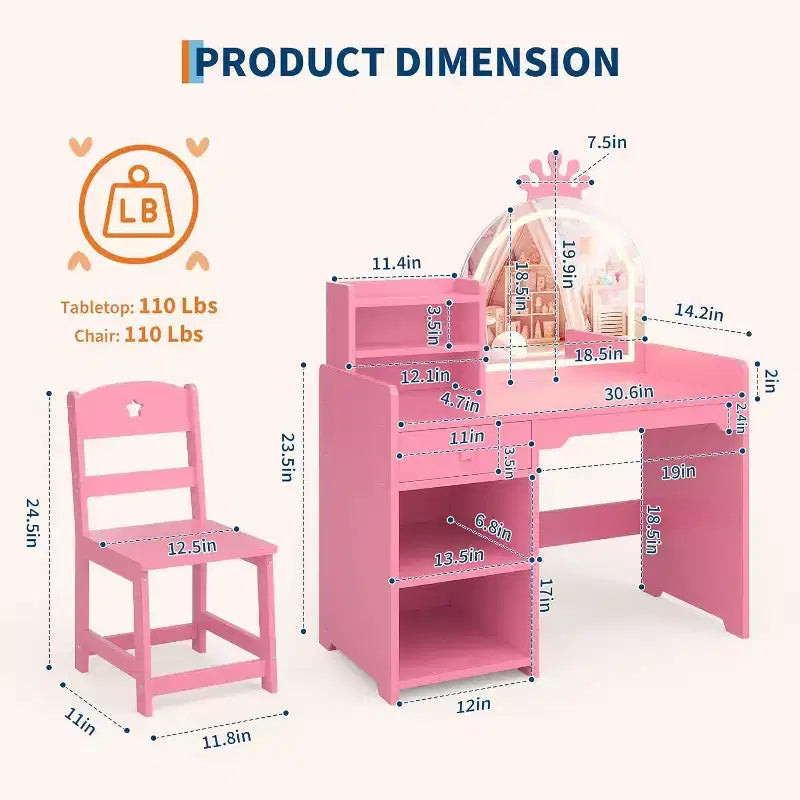 Kids Vanity Set with LED Lighted Mirror, 2-in-1 Princess Vanity Table and Chair with Bookshelf, Storage Cabinet & Shelves for Girls