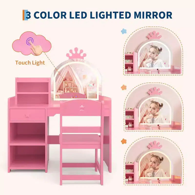 Kids Vanity Set with LED Lighted Mirror, 2-in-1 Princess Vanity Table and Chair with Bookshelf, Storage Cabinet & Shelves for Girls