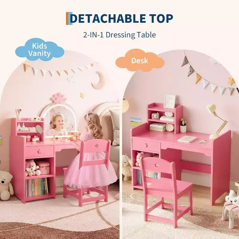 Kids Vanity Set with LED Lighted Mirror, 2-in-1 Princess Vanity Table and Chair with Bookshelf, Storage Cabinet & Shelves for Girls