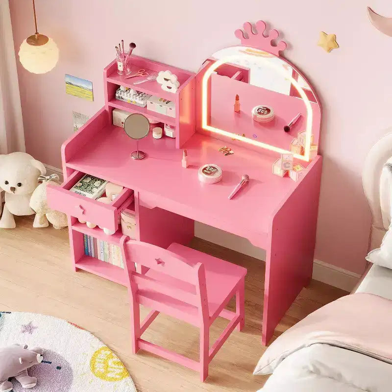 Kids Vanity Set with LED Lighted Mirror, 2-in-1 Princess Vanity Table and Chair with Bookshelf, Storage Cabinet & Shelves for Girls