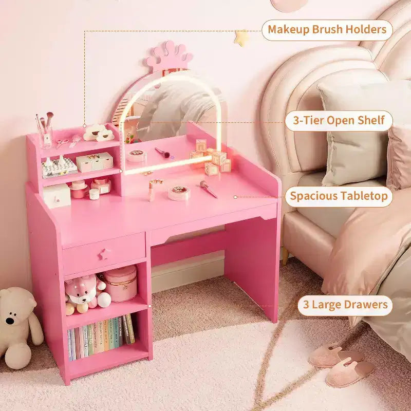Kids Vanity Set with LED Lighted Mirror, 2-in-1 Princess Vanity Table and Chair with Bookshelf, Storage Cabinet & Shelves for Girls