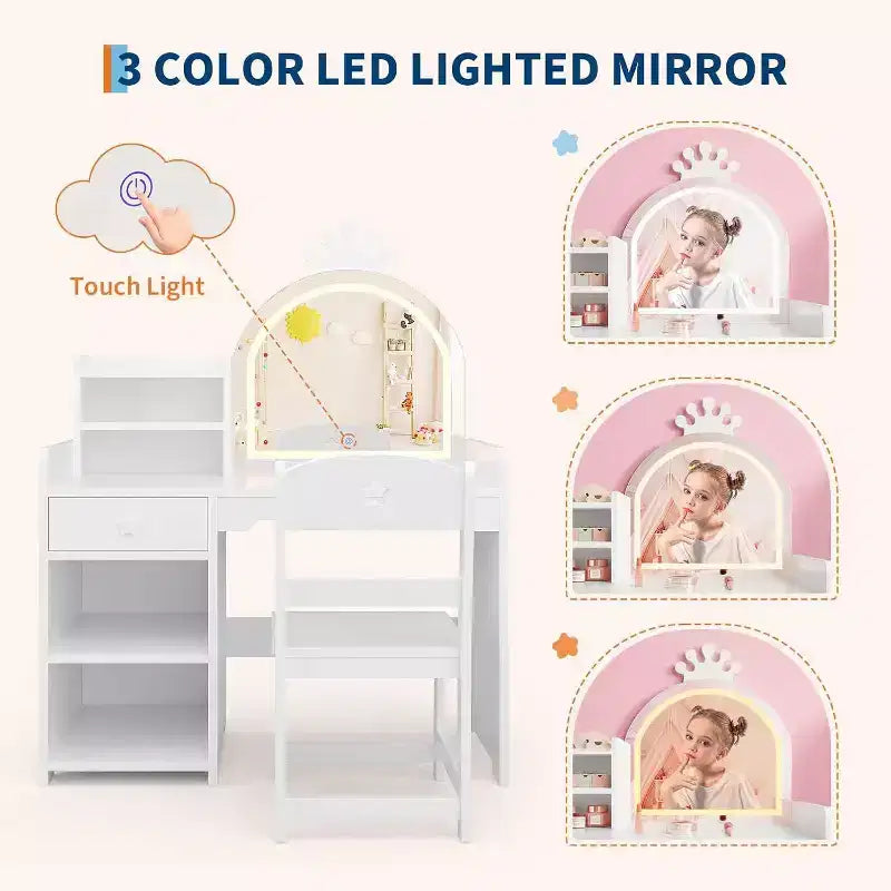 Kids Vanity Set with LED Lighted Mirror, 2-in-1 Princess Vanity Table and Chair with Bookshelf, Storage Cabinet & Shelves for Girls