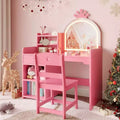 Acekool Kids Vanity Set with LED Lighted Mirror, 2-in-1 Princess Vanity Table and Chair with Bookshelf, Storage Cabinet & Shelves for Girls