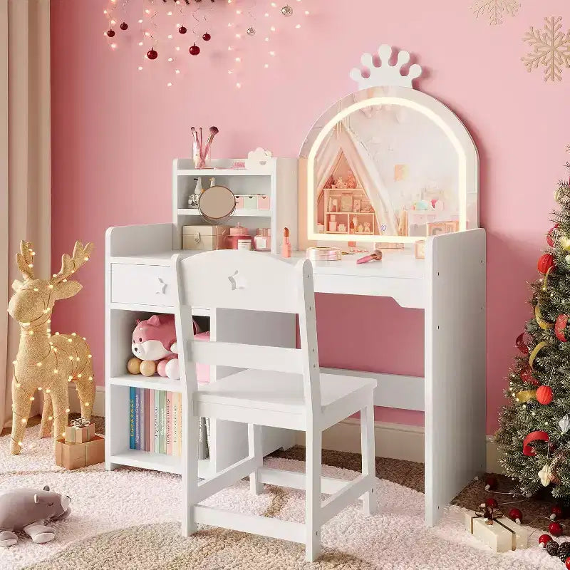 Kids Vanity Set with LED Lighted Mirror, 2-in-1 Princess Vanity Table and Chair with Bookshelf, Storage Cabinet & Shelves for Girls