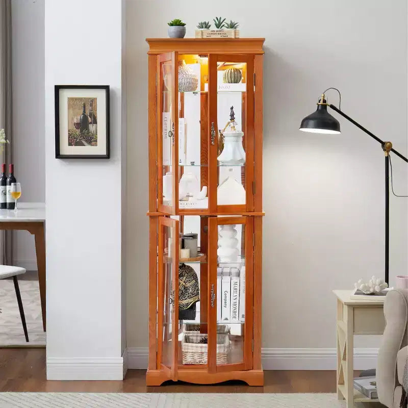 Lighted Glass Curio Display Cabinet with Wood Frame - Glass Storage for Wine, Toys & Collectibles - Living Room, Kitchen
