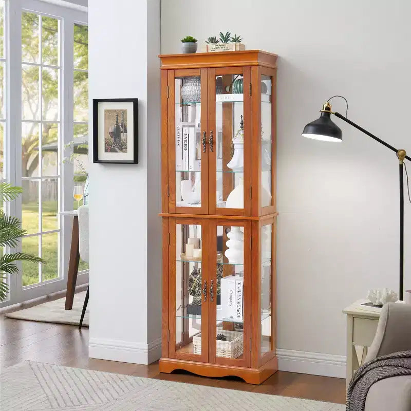 Lighted Glass Curio Display Cabinet with Wood Frame - Glass Storage for Wine, Toys & Collectibles - Living Room, Kitchen