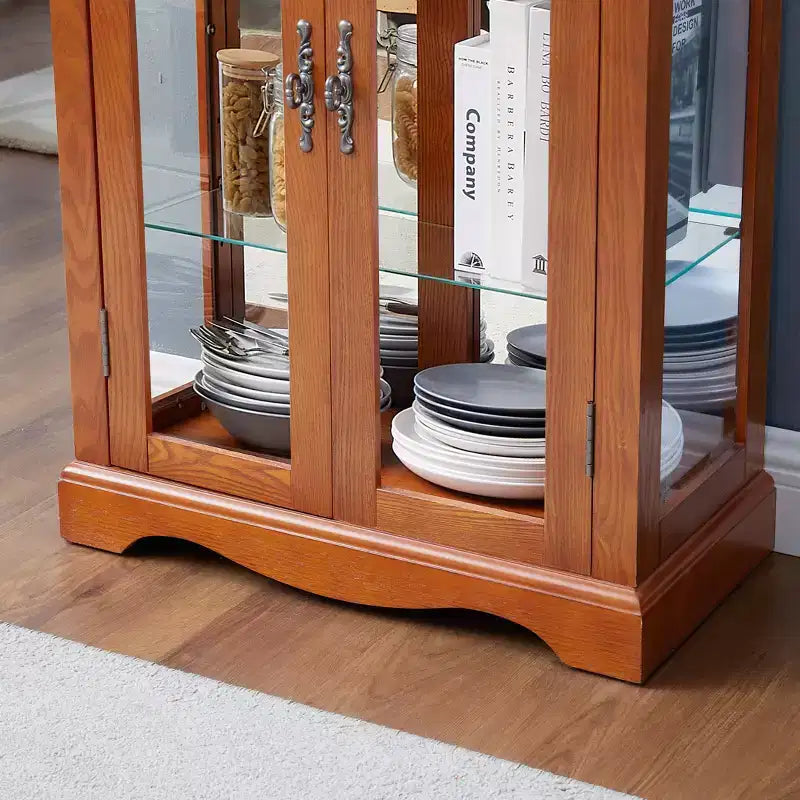 Lighted Glass Curio Display Cabinet with Wood Frame - Glass Storage for Wine, Toys & Collectibles - Living Room, Kitchen