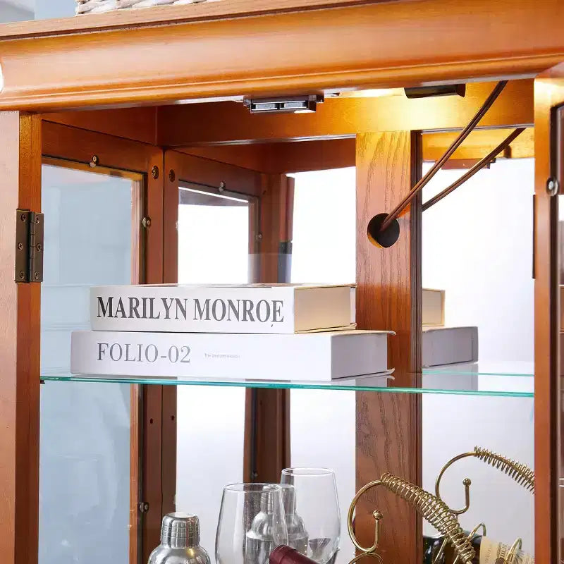 Lighted Glass Curio Display Cabinet with Wood Frame - Glass Storage for Wine, Toys & Collectibles - Living Room, Kitchen