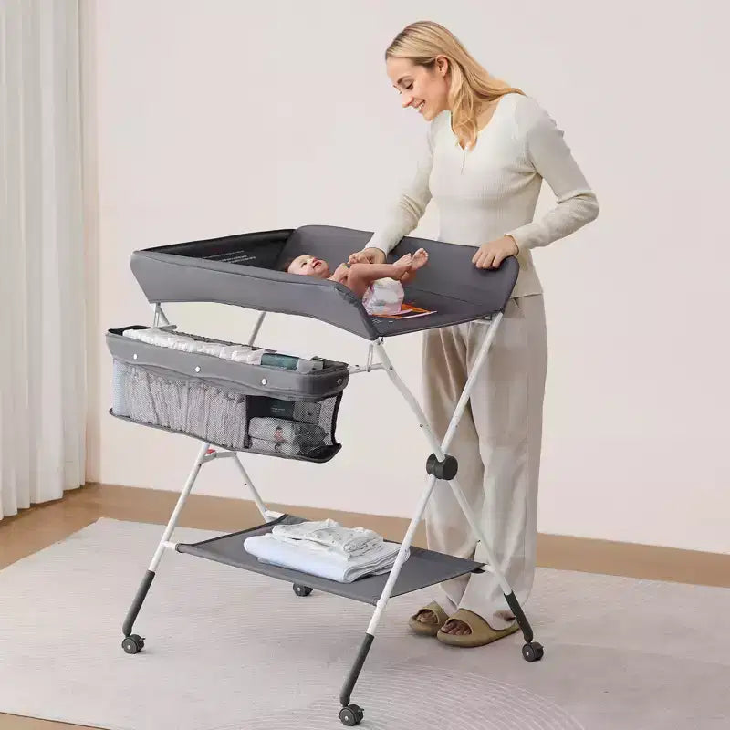 Foldable Baby Changing Table with Side Basket, Lockable Wheels and Storage Organizer, Dark Gray