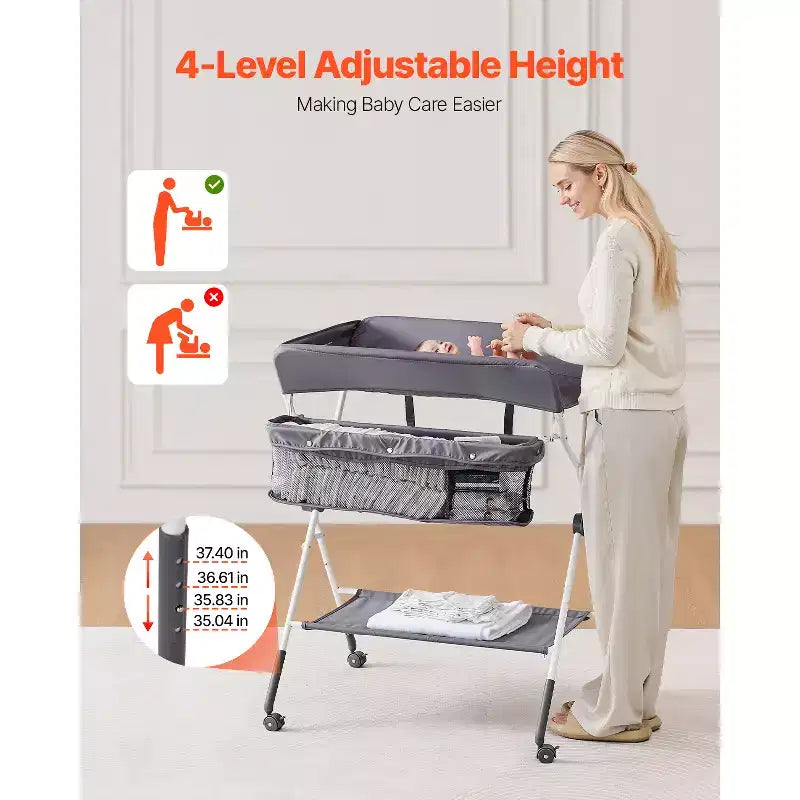 Foldable Baby Changing Table with Side Basket, Lockable Wheels and Storage Organizer, Dark Gray