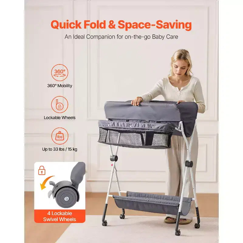Foldable Baby Changing Table with Side Basket, Lockable Wheels and Storage Organizer, Dark Gray