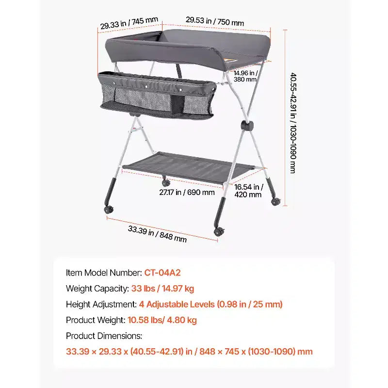 Foldable Baby Changing Table with Side Basket, Lockable Wheels and Storage Organizer, Dark Gray