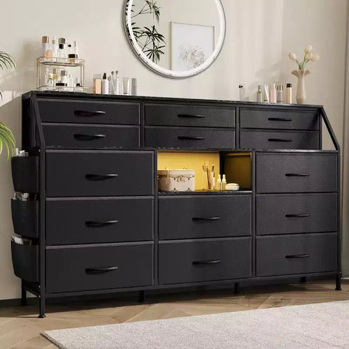 Black/White Dresser for Bedroom, 55 Wide Modern Dresser TV Stand 14 Fabric Drawer Organizer, Large Clothing Storage Cabinet for Hallway, Living Room