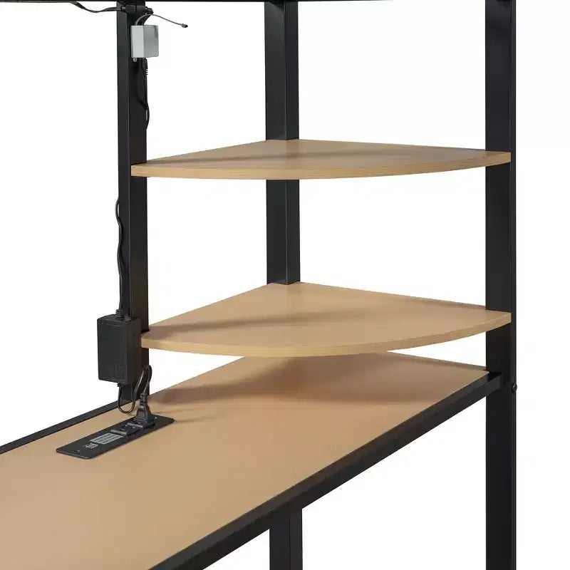 Metal Loft Bed with Wardrobe, Desk, Shelves, Power Outlet and LED Light