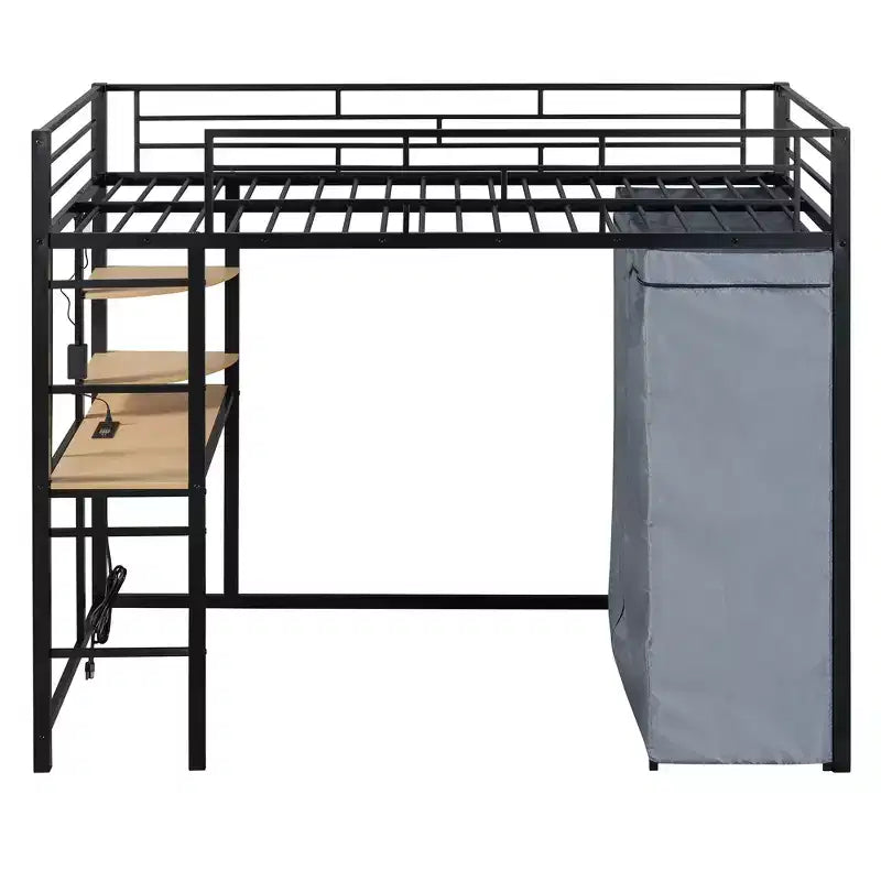 Metal Loft Bed with Wardrobe, Desk, Shelves, Power Outlet and LED Light